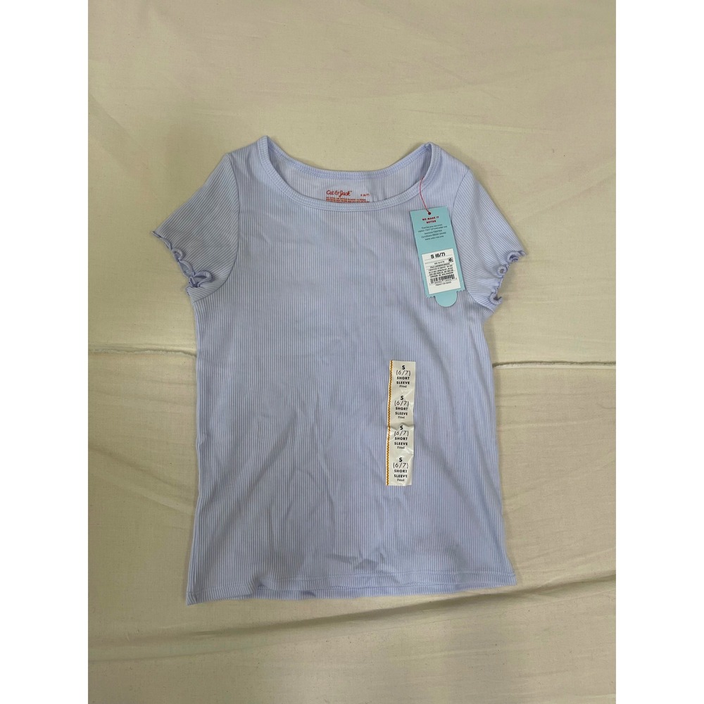 Cat & Jack Girls Ribbed Short Sleeve Lettuce Trim Tee Light Purple Size S 6/7